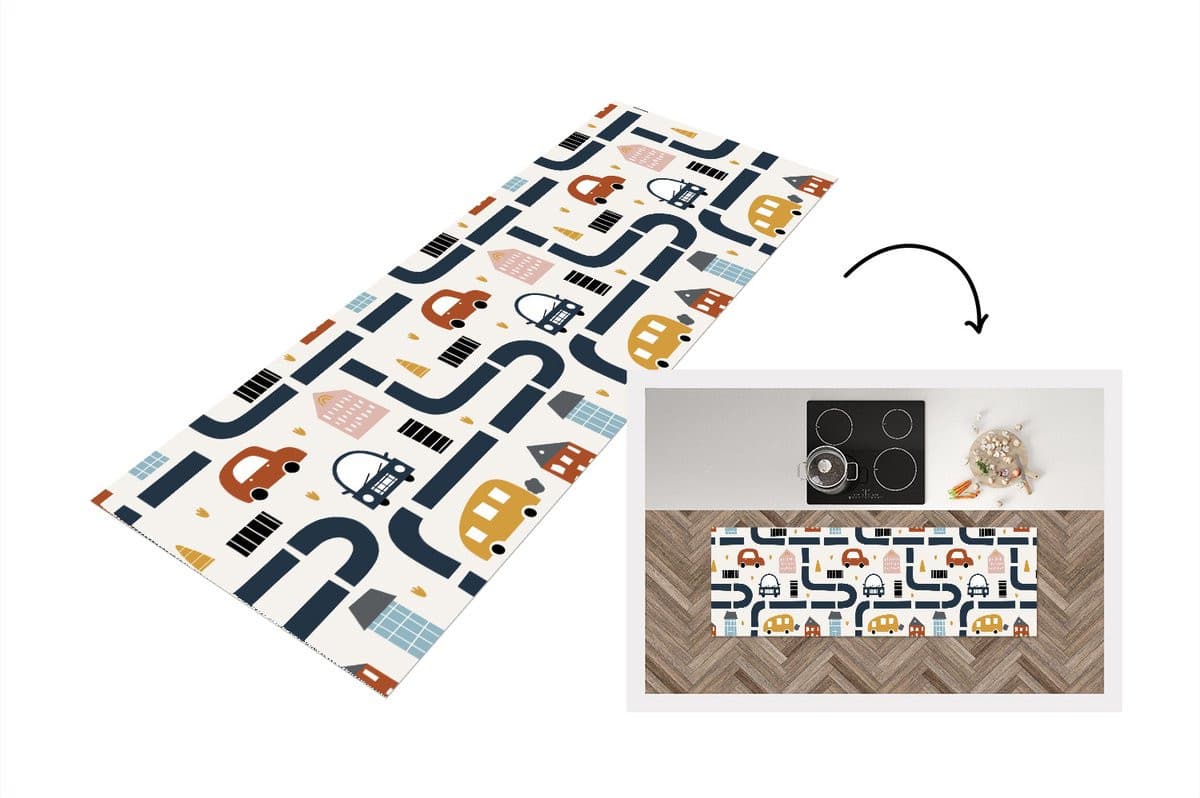 KitchenYeah Keukenloper Vinyl met Auto Design voor Kinderen - 150 x 50 cm