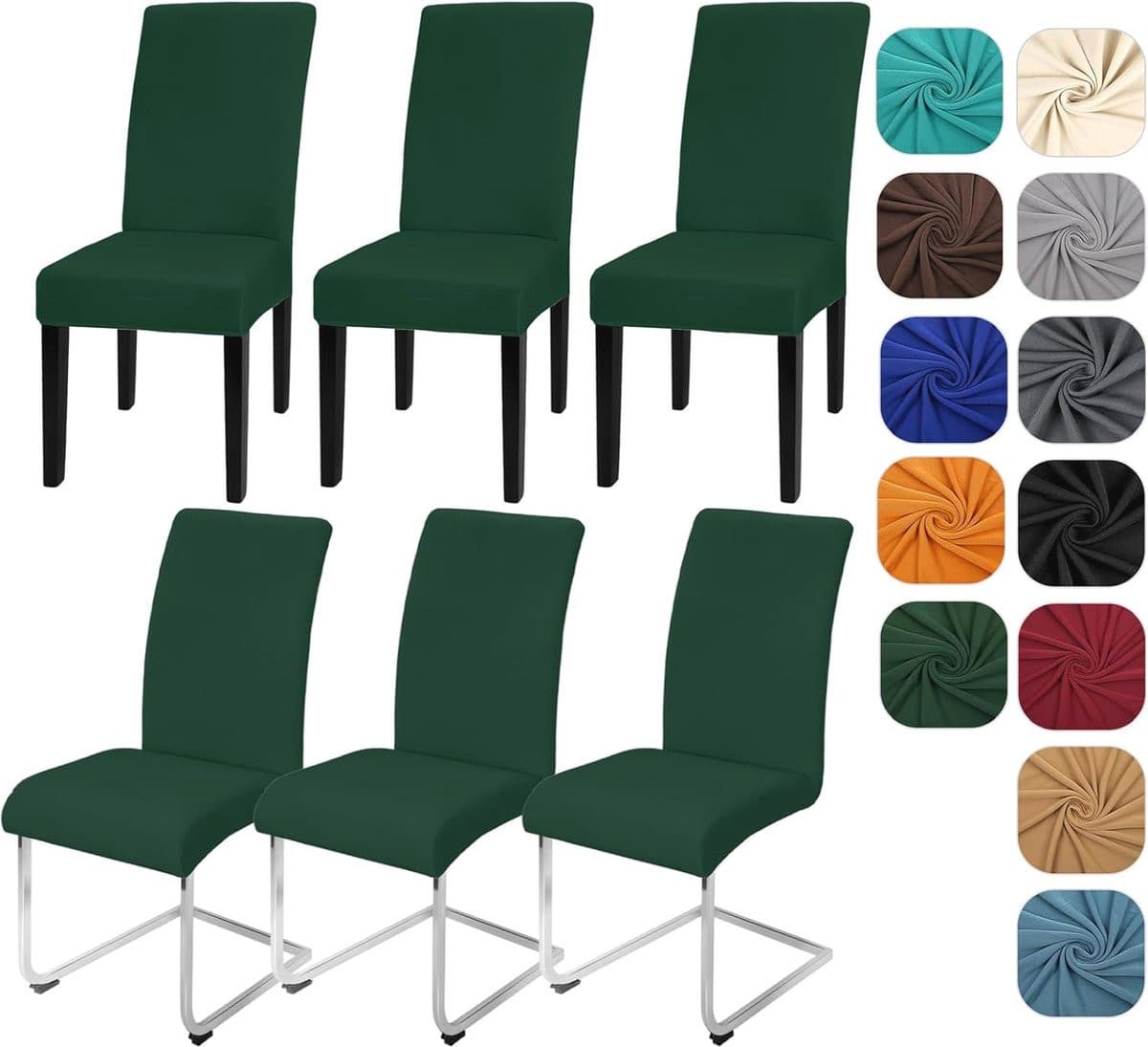 Set van 6 groene stretch stoelhoezen voor eetkamerstoelen, afneembaar en wasbaar