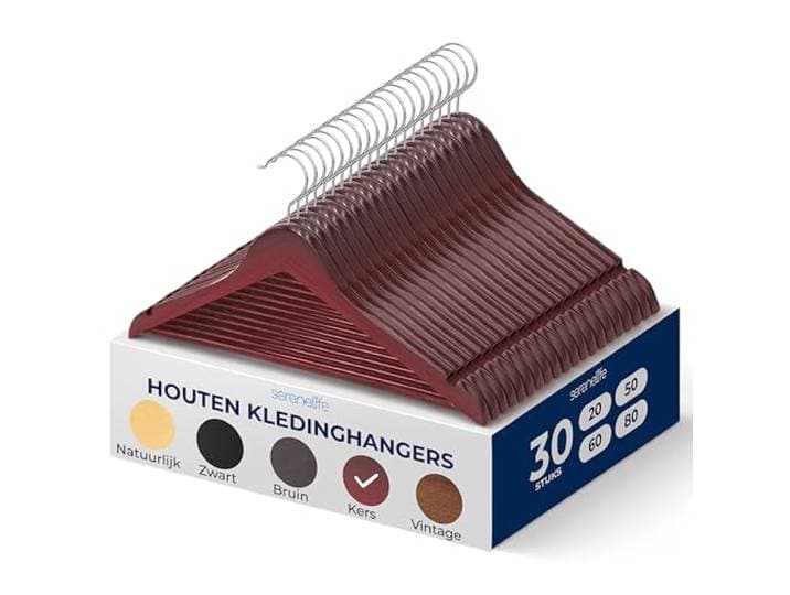 SereneLife Kleerhanger - Houten Hangers - Antislip Ruimtebesparende Kledinghangers - met 360° Draaibare Haak en Inkepingen - 30 Stuks - Duurzaam en Sterk voor Hemden, Truien, Hoodies, en Jurken