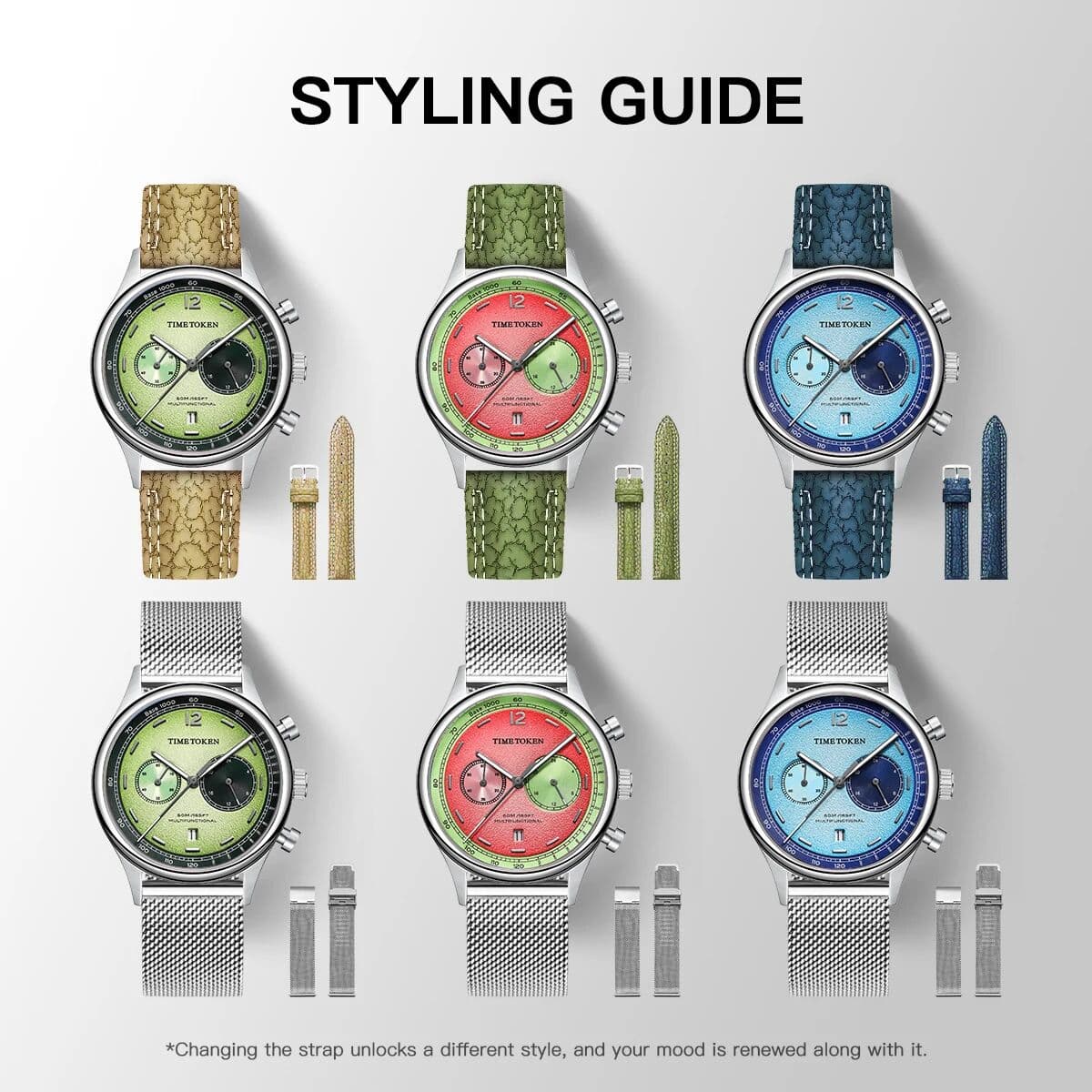 TIME TOKEN Watch Set Chronograph Japan Miyota OS21 Movement Men's Watch Watermelon Dial Waterproof Domed Sapphire Calendar Style