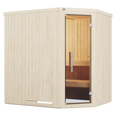 Sauna WEKA "Element-Ecksauna VARBERG 1", weiß, Bio-Ofen, externe Steuerung, 4,5 kW, Saunen, vorgefertigte Elemente, moderne Ganzglastür