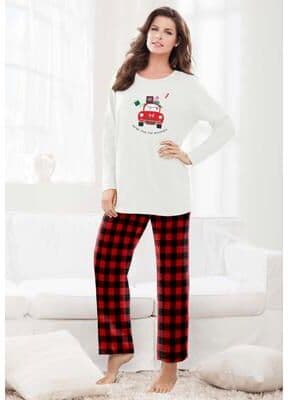Plus Size Women's Long Sleeve Knit PJ Set by Dreams & Co. in Red Buffalo Plaid Car (Size 22/24) Pajamas