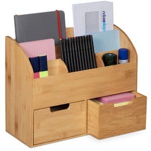 Relaxdays Schreibtisch-Organizer 10031612, Bambus, 6 Fächer und 2 Schubladen, braun