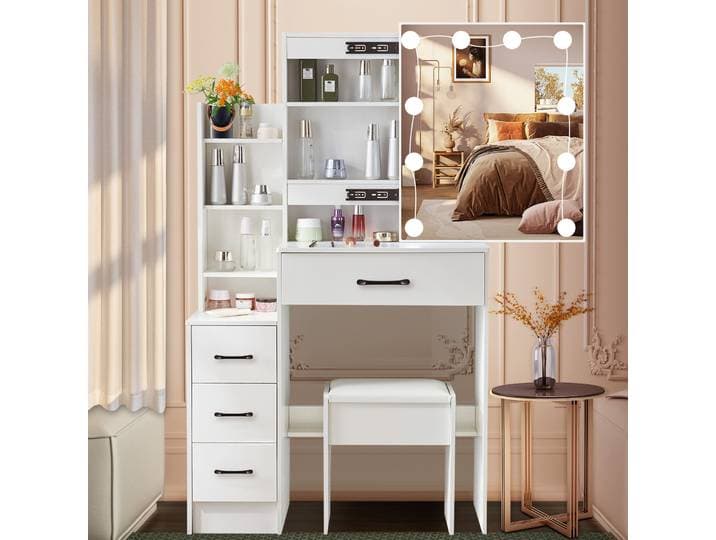 Ensemble coiffeuse LED blanche avec miroir et tabouret, 3 couleurs réglables, contrôle tactile, tiroirs, bureau de maquillage pour chambre à coucher