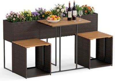 Costway Planter Table and Chairs Set with Bottom Storage Shelf-Brown