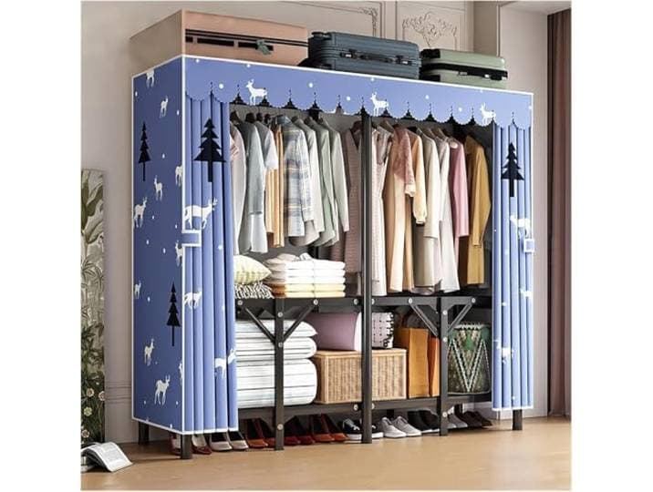 MmcdylyhEU Robuster tragbarer Kleiderschrank mit Abdeckung – Standgarderobe for Aufhängen von Kleidung, Faltbarer Organizer for die Aufbewahrung von Kleidungsstücken(Blue3,200x170x45cm)