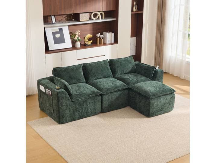 Floragrace Canape Modulable 3 Places 256 X 161 X 75 Cm\, Chenille Vert\, Avec Coussins\, Poches Laterales