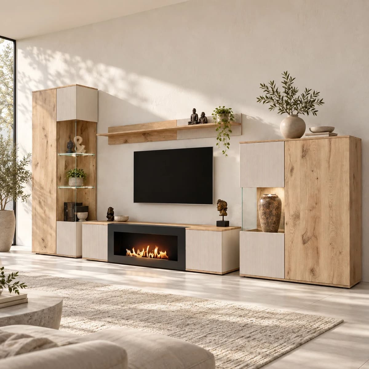 garneroarredamenti Parete attrezzata 320x198h cm con biocamino rovere beige cashmere Cadiz