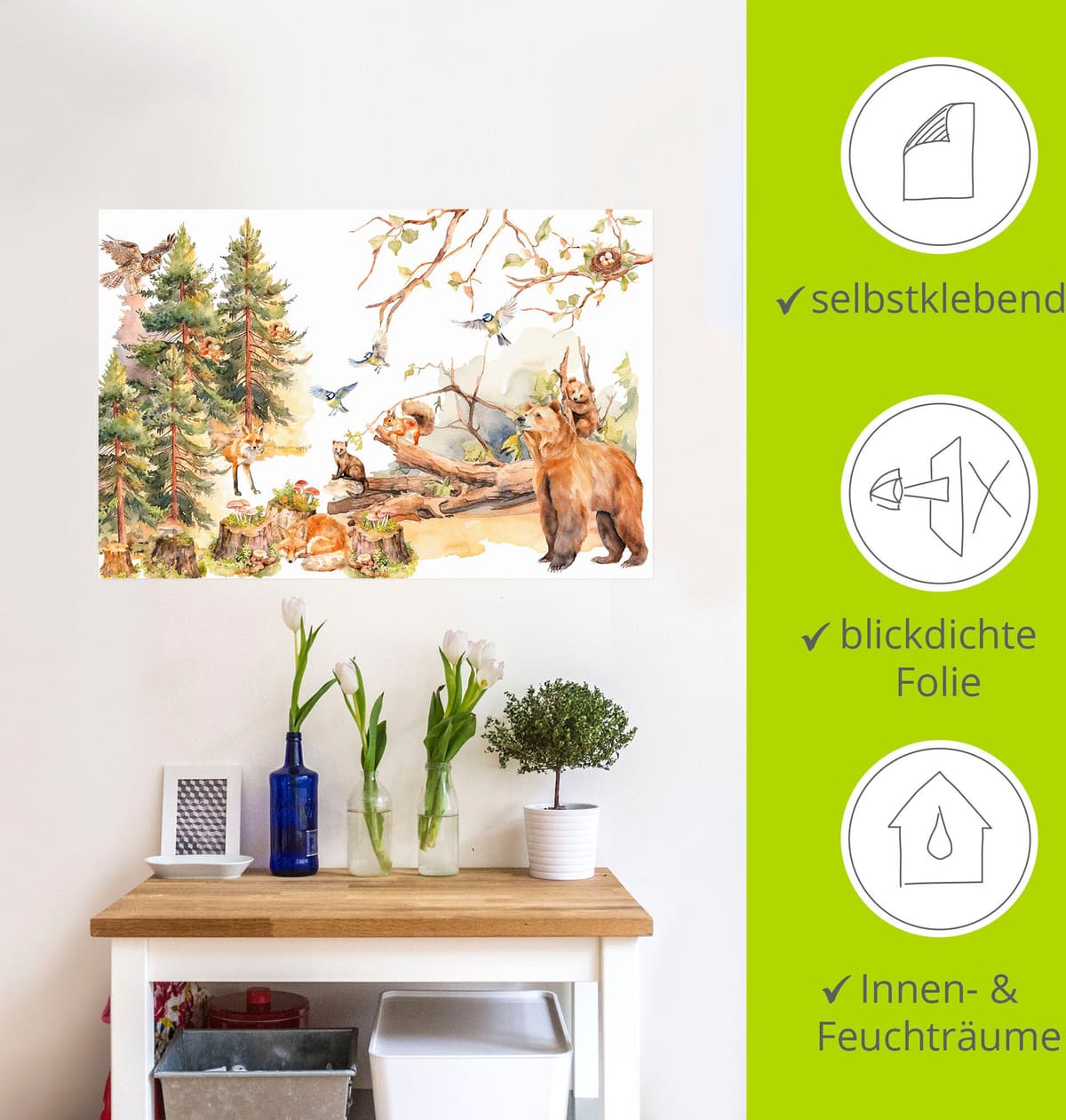 Wandbild ARTLAND "Die Tiere des Waldes", bunt (farbe bild(er): grün), B:60cm H:40cm, Bilder, Wandbild, als Alubild, Leinwandbild, Poster, Wandaufkleber in verschied. Grössen farbe bild(er): grün B/H/T: 60cm x 40cm, Wandaufkleber - Vinyl Querformat, 1 Stk.