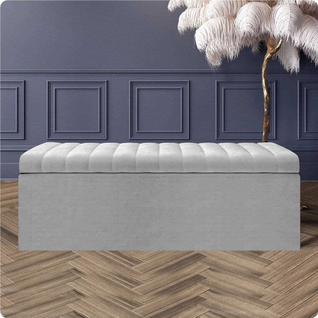 R&M Furnishers Safar Large Naples Ottoman Storage Box – Multi- Functional Striped Upholstered Blanket Box Silver 40cm H x 180cm W x 40cm D