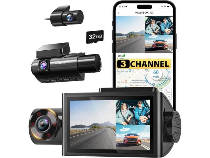 WOLFBOX i07 3-kanaals dashcam met ingebouwde wifi en gps, 4K-dashcam voor voorzijde en interieur, 1440P+1080P+1080P driedubbele autocamera met 3 inch lcd-scherm, 32 GB-kaart inbegrepen, ir-nachtzicht