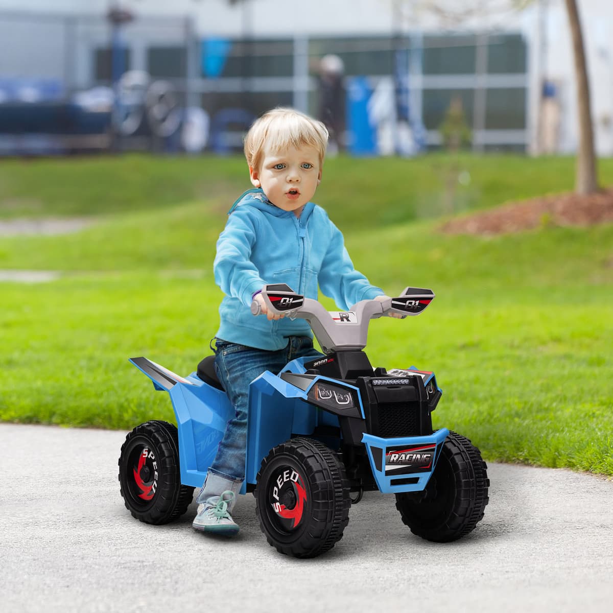 Homcom Quad per Bambini 18-36 Mesi in PP e Metallo, Velocità max 2.5 km/h, 70x41.5x48.5 cm, Blu Grigio e Nero Aosom