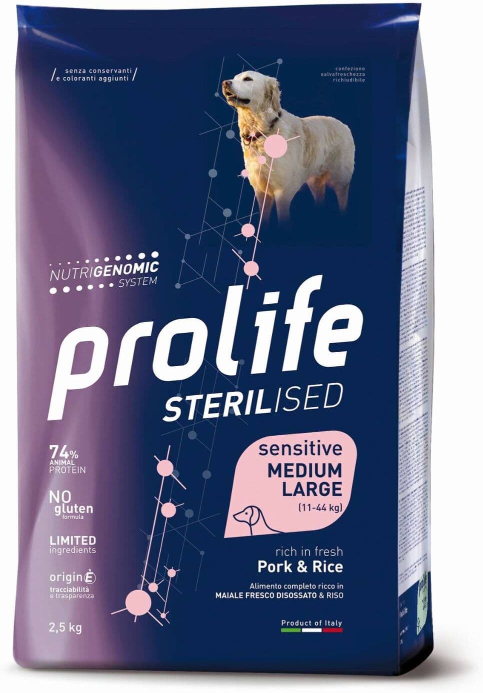 Prolife® Sterilised Sensitive Adult Medium/Large Maiale e Riso per Cani 12Kg
