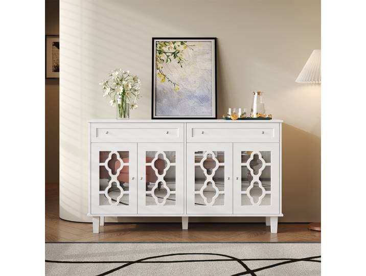 Buffet Buffet de luxe-4 portes et tiroirs miroir, poignées en cristal, étagères réglables, armoire de rangement multifonctionnelle