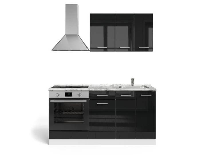 Vicco Singleküche R-Line Schwarz Hochglanz/Weiß 160 cm mit Herdumbauschrank und Spüle mit AP, Schwarz Hochglanz, Weiß, Holzwerkstoff, Rechteckig, 160x81.6x46 cm, Küchen, Küchenblöcke, Küchenzeilen, Küchenzeilen ohne Geräte
