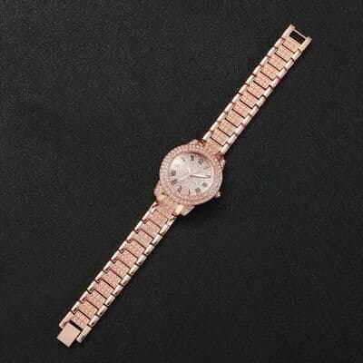 Uplift Essentials Luxury Roman Numeral Full Diamond Watch Gift Set Elegant Alloy Quartz Timepiece And Matching Jewelry For Business And rose Gold