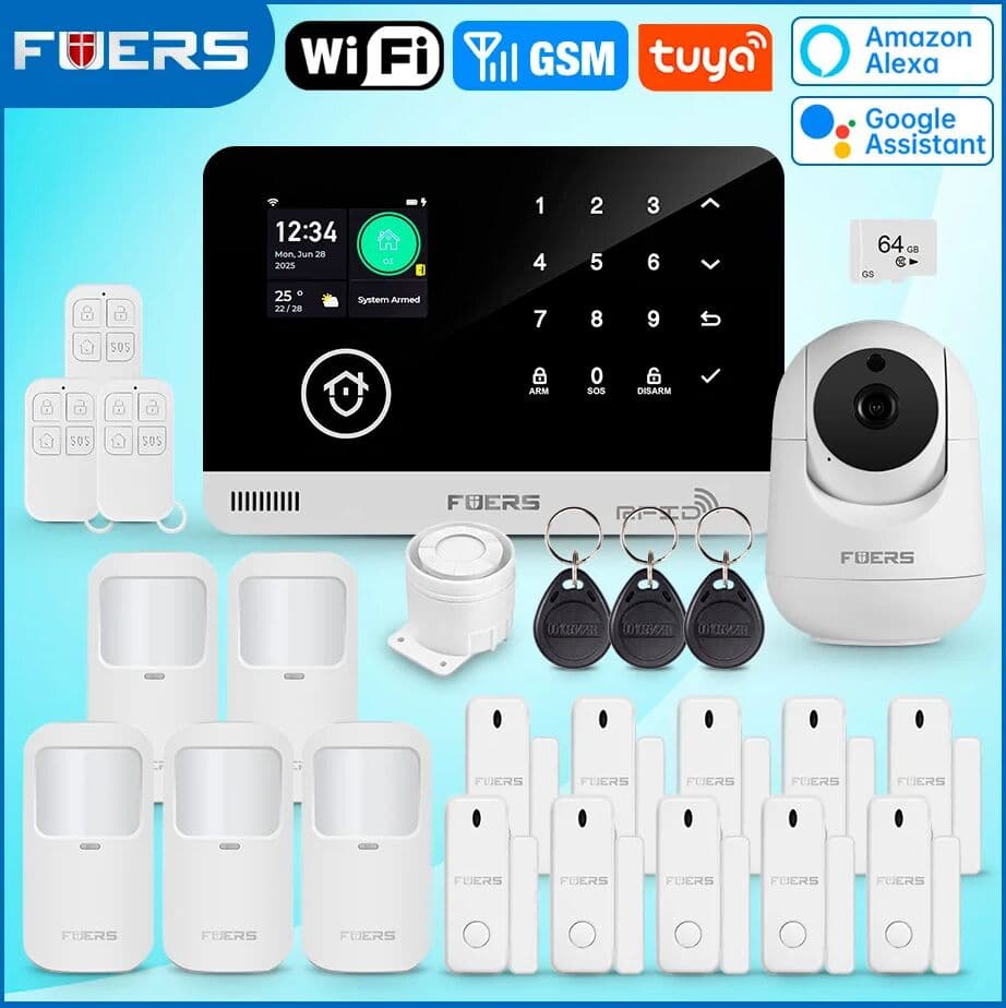 FUERS Alarm System Smart Home  WIFI GSM Security Alarm Host Ant-theft  with Door Motion Sensor Tuya Smart App control work Alexa
