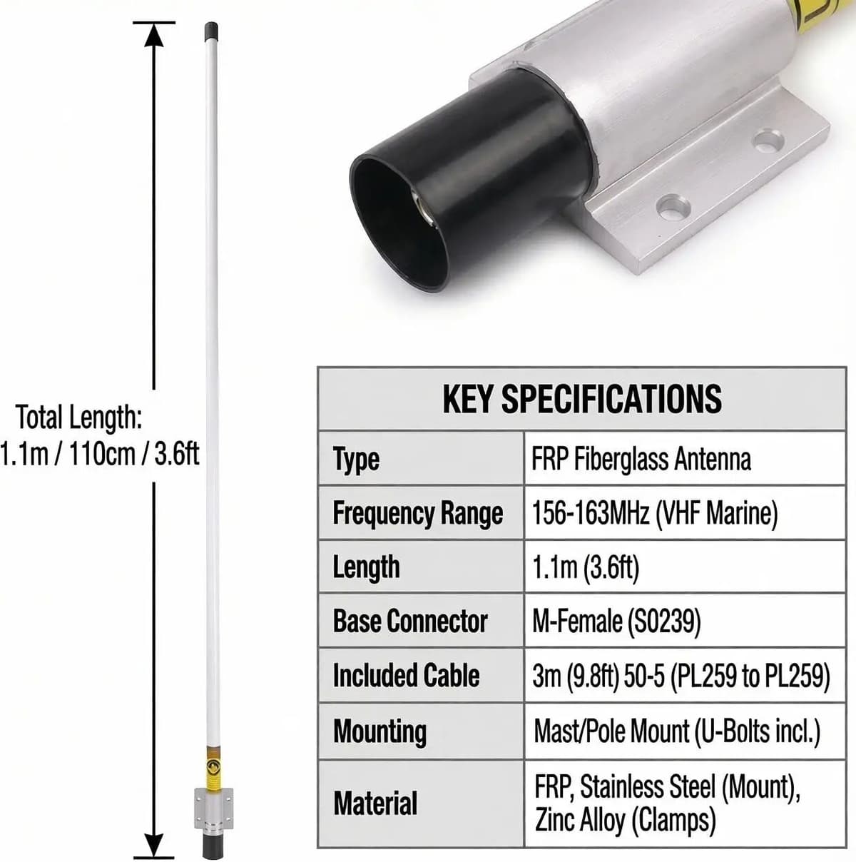 SignalPlus AIS VHF 156MHz Marine Antenna,Omni Glass Fiber,156-163M,with 10m & 3m Cables for Fishing Boats
