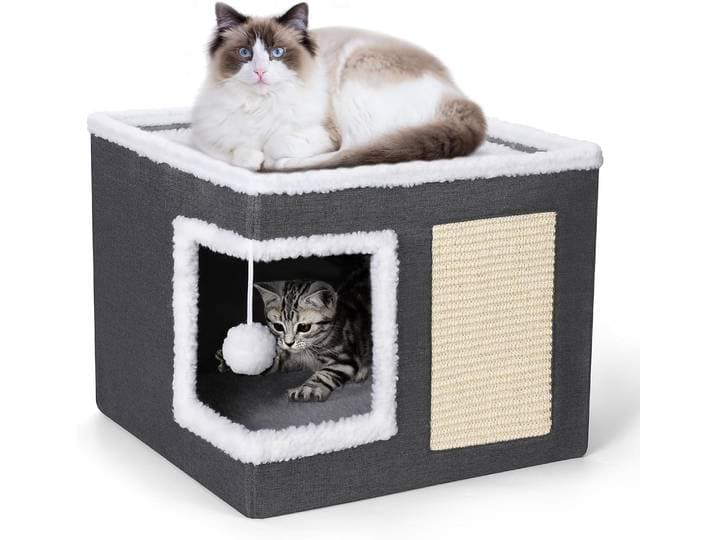 Lits pour chats d'intérieur - Grande tanière pour chat avec boule en peluche suspendue et griffoir, abri pliable pour chat