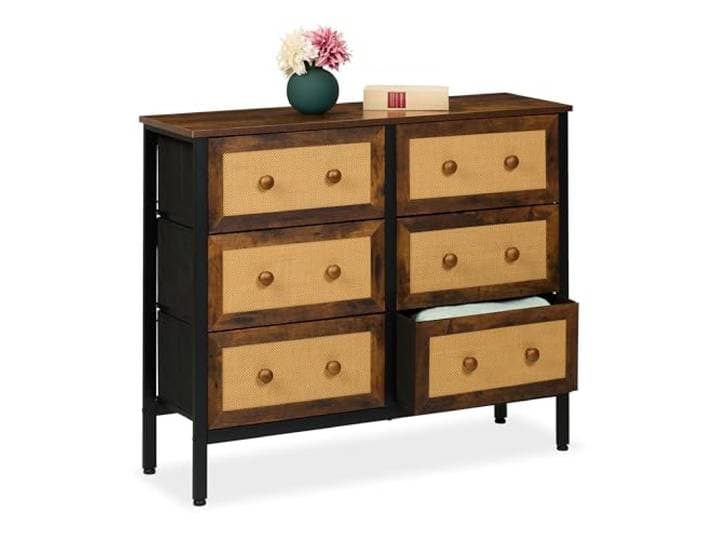 Relaxdays Commode à 6 tiroirs\, Aspect rotin\, pour Chambre\, Couloir\, Salon\, HLP : 83x100x32 cm\, métal\, Marron/Noir
