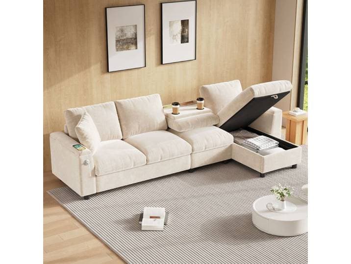 Canapé d'angle convertible avec table rabaissable canapé 4 places en chenille avec USB/Type-C et Rangements canapé en L beige