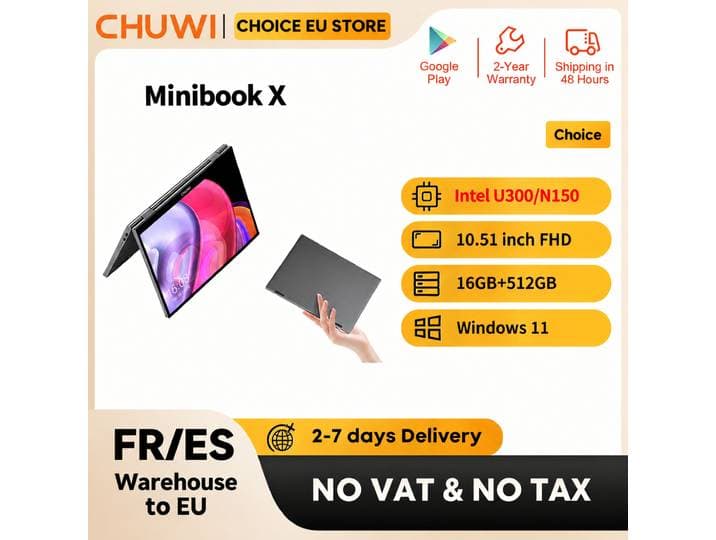 Ordinateur portable CHUWI MiniBook X U300 / N150 10,51 pouces 16 Go de RAM 512 Go de SSD Mode Yoga 2-en-1 Intel Windows 11 Ordinateur portable 360 ° WiFi 6 pliable