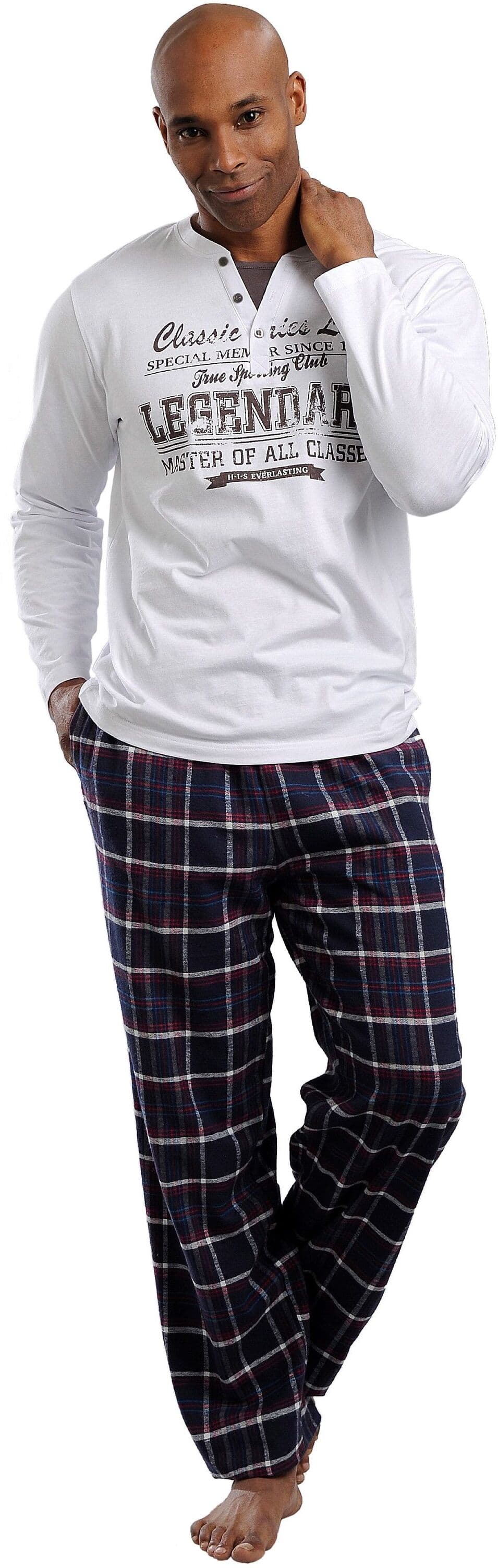 Pyjama H.I.S, Herren, Gr. 48/50, Jersey, bunt (weiß, marine, kariert), Jersey, Obermaterial: 100% Baumwolle. Unterteil: 100% Baumwolle, kariert, unifarben, Basic, bequem, V-Ausschnitt, abgesteppte Kante, Homewear-Sets Pyjama, mit Flanellhose weiß, marine,