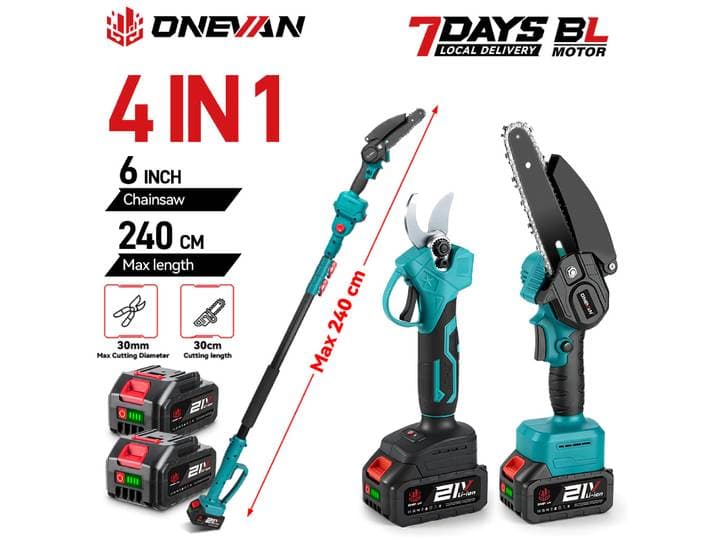 Scie et cisailles électriques ONEVAN Brushless 4 en 1, 6 pouces, pour l'élagage des hautes branches, avec perche télescopique, outil électrique compatible avec la batterie Makita.