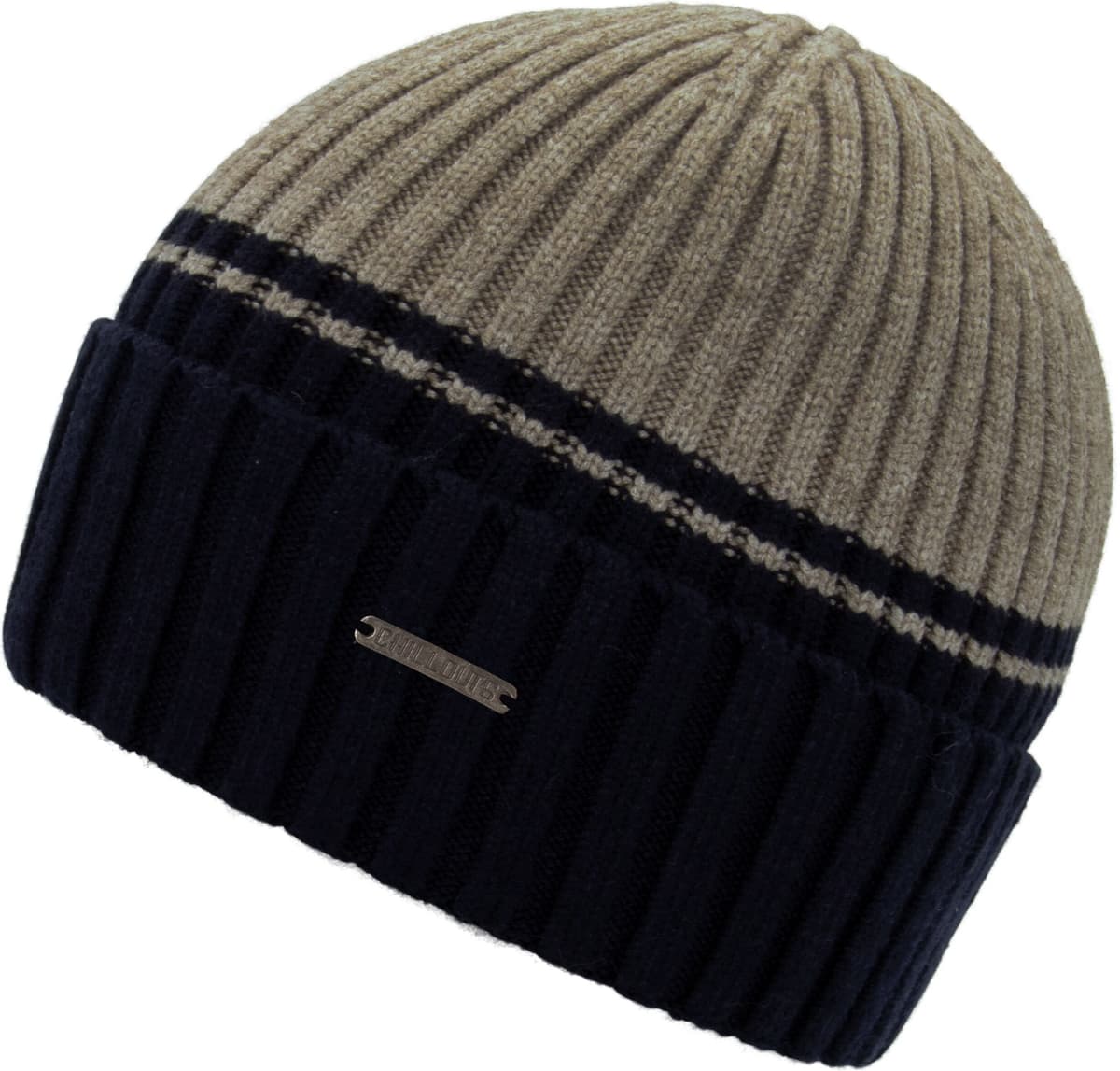 Beanie CHILLOUTS "Malik Hat", beige (beige, navy), Rippstrick, Materialmix, Mützen Beanie, Mit Umschlag, zweifarbig beige, navy Einheitsgröße