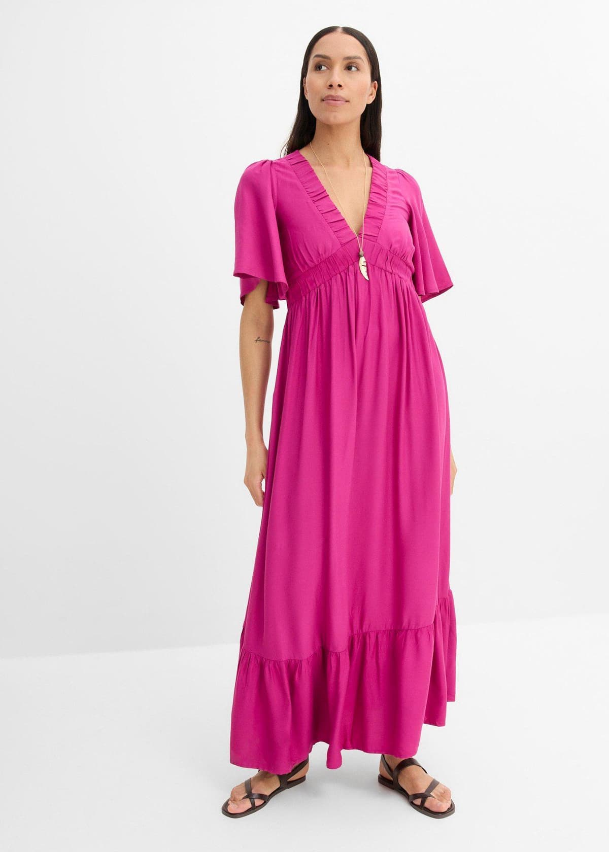 bonprix Maxikleid aus fließender Viskose, pink, Gr.50, Maxikleid mit Volants und weiten Ärmeln