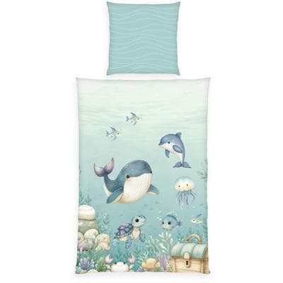 Wendebettwäsche BABY BEST "Ozeanfreunde", blau (multicolour), B/L: 135cm x 200cm, 1 Stk., 1 Stk., Renforcé, B/L: 80cm x 80cm, 2, Renforcé, Obermaterial: 100% Baumwolle, Bettwäsche, Wendebettwäsche, Mit praktischem Reißverschluss