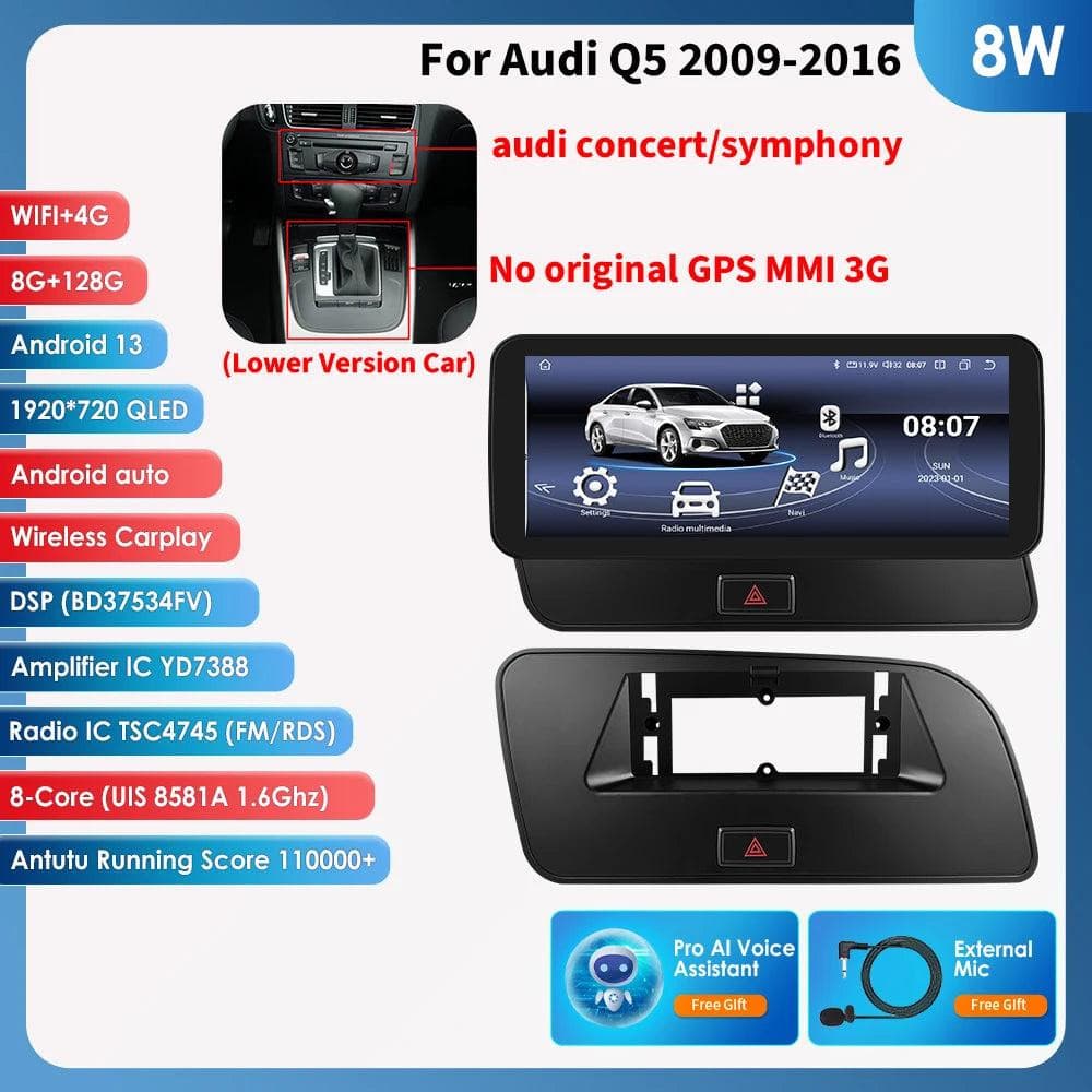 Selius Android Autoradio voor Audi Q5 2009-2016 Multimedia Speler met GPS Navigatie, Carplay en WiFi 4G-LTE