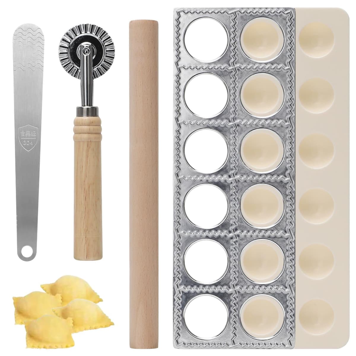 Famanu Set van 4 aluminium ravioli-vormen met 12 gaatjes en deegroller voor het maken van ravioli en dumplings