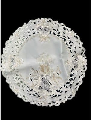 Jiallo Christmas Candle Beige Lace Embroidered Cutwork Round Placemat, 15-Inch diameter