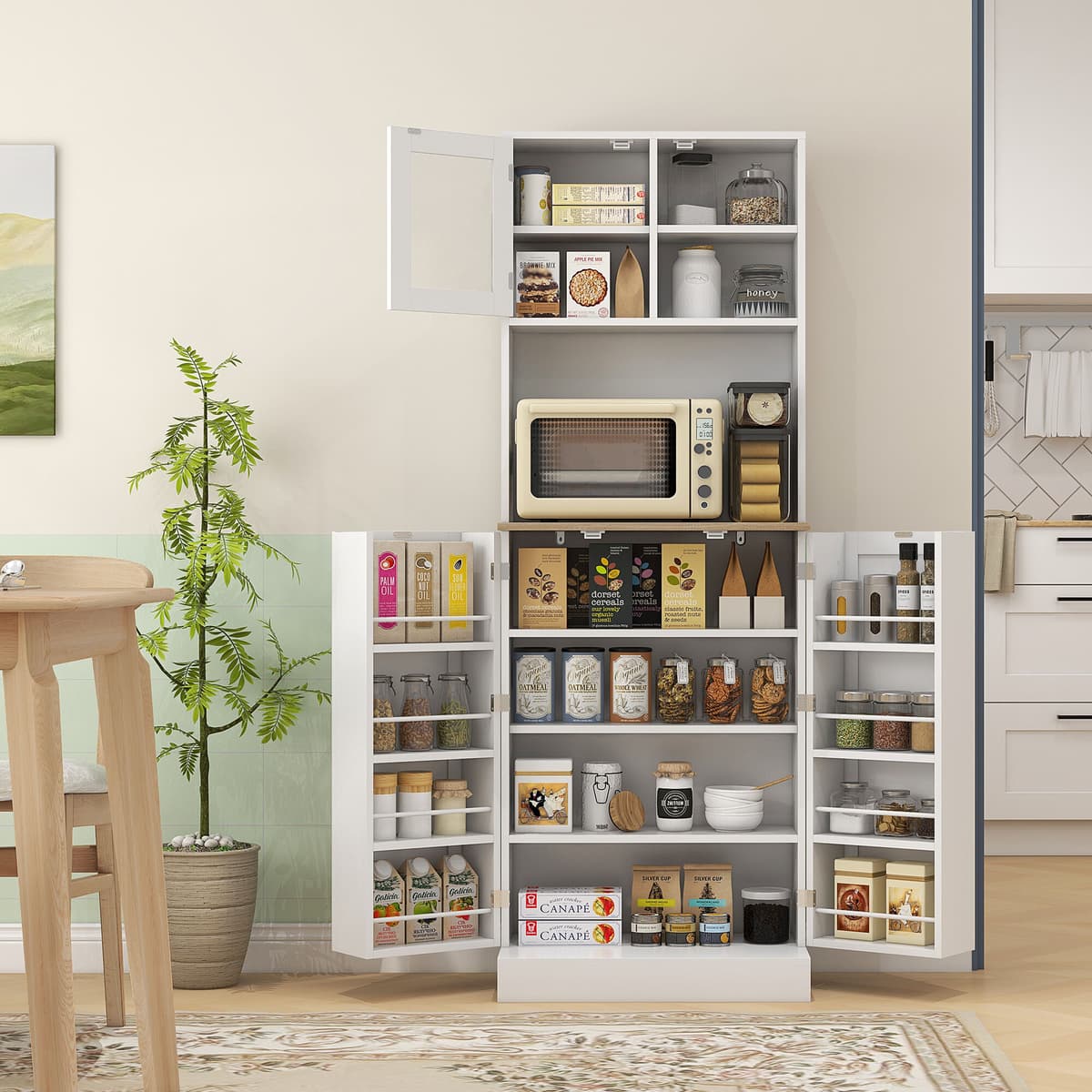 Altro Dispensa Da Cucina Porta Microonde Con Ripiani Aperti E Armadietto Con Portaspezie, 60x35x169 Cm, Bianco
