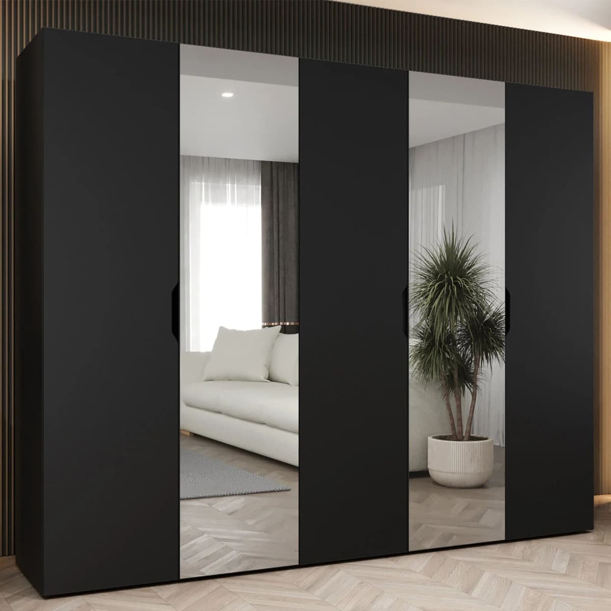 garneroarredamenti Armadio 250x202 cm 5 ante con specchio nero opaco Valencia