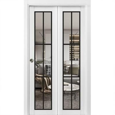 SartoDoors Lucia 2366   Closet Door Bi-fold Door   Solid Wood w/ Glass   Hardware Set   36x80, White Silk Bedroom Door
