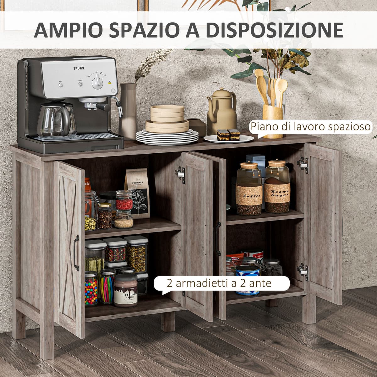 Altro Mobiletto Multiuso Stile Rustico Con 4 Ripiani Portaoggetti Regolabili, In Legno, 120x37x75 Cm, Grigio