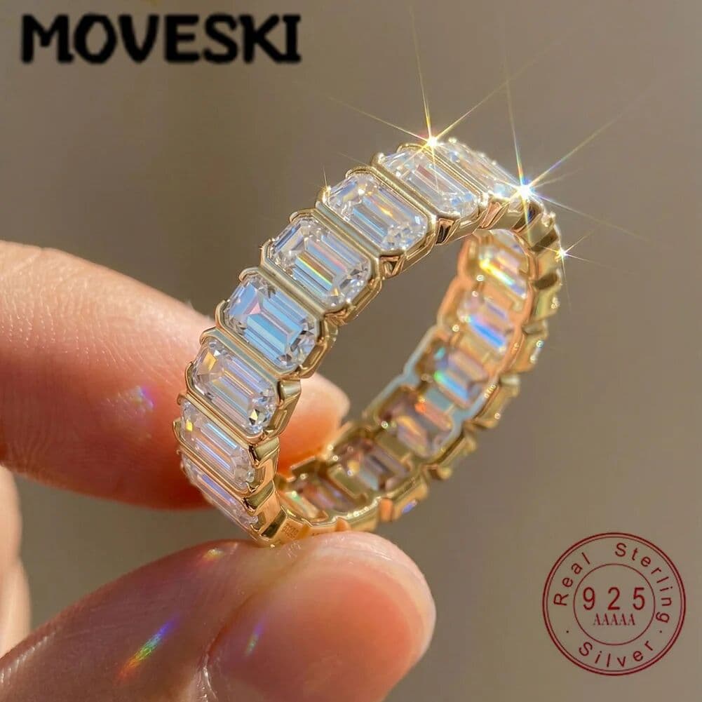 MOVESKI 925 Sterling Silver Emerald Cut Moissanite Full Eternity Ring Stackable Wedding Band For Women Fine Jewelry