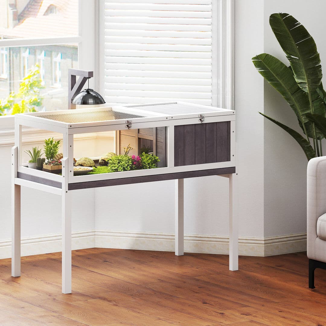 PawHut Wooden Tortoise House with Dual-Zone Habitat Stand Legs Grey Grey 82cm H X 104cm W X 53cm D