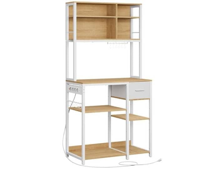 Étagère de Cuisine avec Multiprise Bar à Café avec Étagères Réglables Tiroir en Tissu 12 Dé Chêne + Blanc Nu DESSERTE DE CUISINE