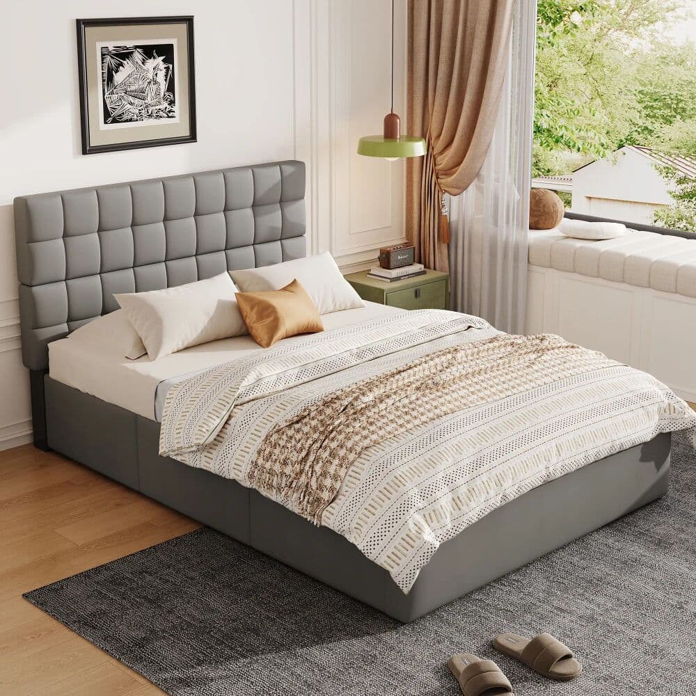 NONE Ye Upholstered Bed, Hydraulic Bed with Storage Function, with 3 Storage Drawers, 4ft6 Double Bed 135×190cm, Durable and Sturdy, Easy Assembly, PU + Plywood, Grey