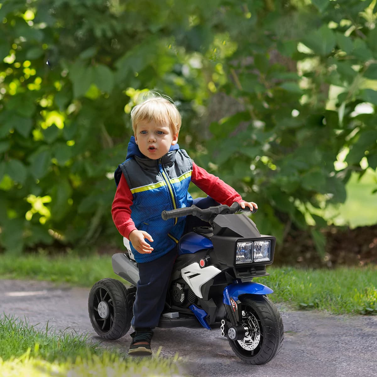 Altro Moto Elettrica Per Bambini 3-5 Anni 6v (max. 25kg), Velocità 3km/h, Motorino Elettrica Per Bimbi Con 3 Ruote, Luci E Suoni, Blu E Nero, 86x42x52cm
