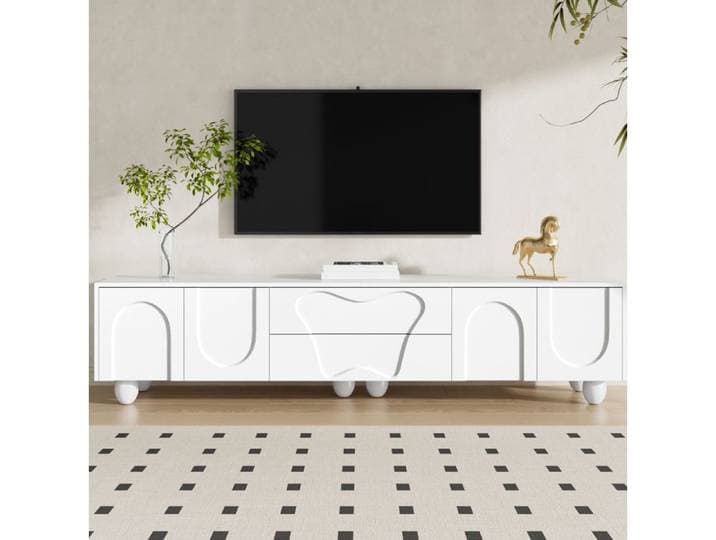 ROVRYN Meuble TV 180 cm blanc mat avec portes tiroirs et pieds en bois massif