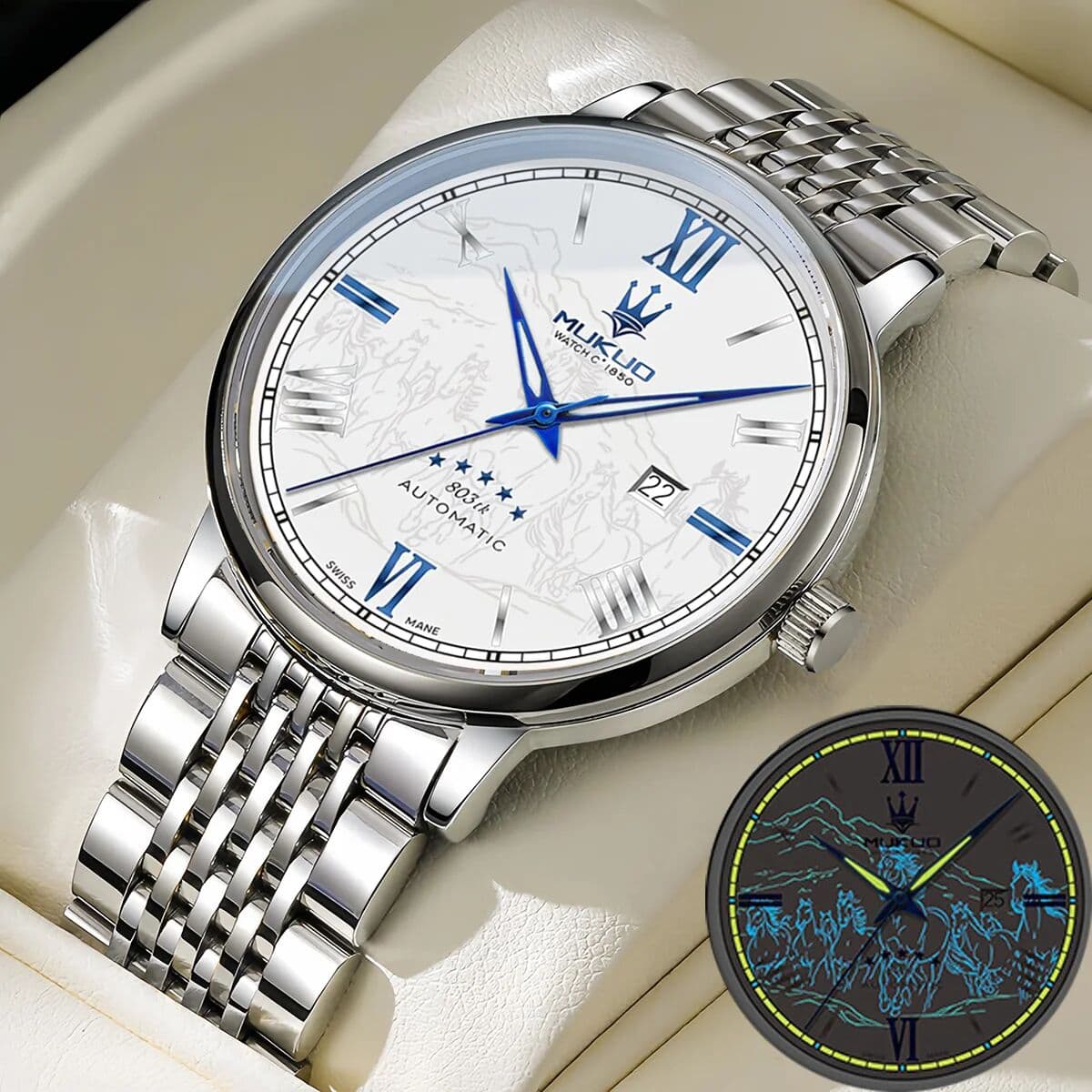 NONE Men's Personalized Quartz Watch Stainless Steel Band Luminous Calendar Waterproof Casual Fashion Wristwatch Reloj + Box