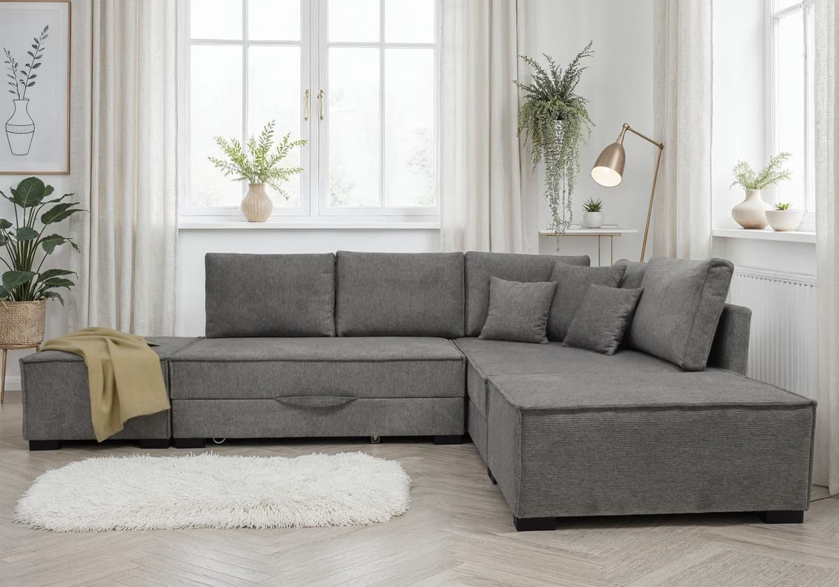 Home affaire "Night & Day L-Form, B: 316 cm mit Dauer-Schlaffunktion 180x200 cm" Set: Sofa & Hocker, Schlaffunktion, Bettkasten & Kissen, Boxspringbett grau B/H/T: 316cm x 215cm, Struktur weich, Recamiere rechts, PUR-Schaum-Topper,mit Bonnellfederkern