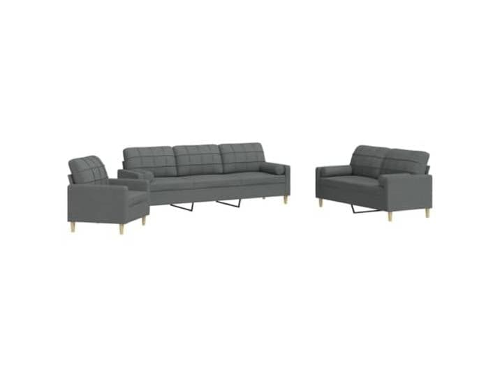 KUTYWEXFM 3-Teiliges Sofa Set Couchgarnitur mit Kissen Dunkelgrau Komfortable Polstergarnitur inkl. Sessel, 2-Sitzer und 3-Sitzer Couch für Wohnzimmer und Entspannung mit 4 Zylinderkissen.