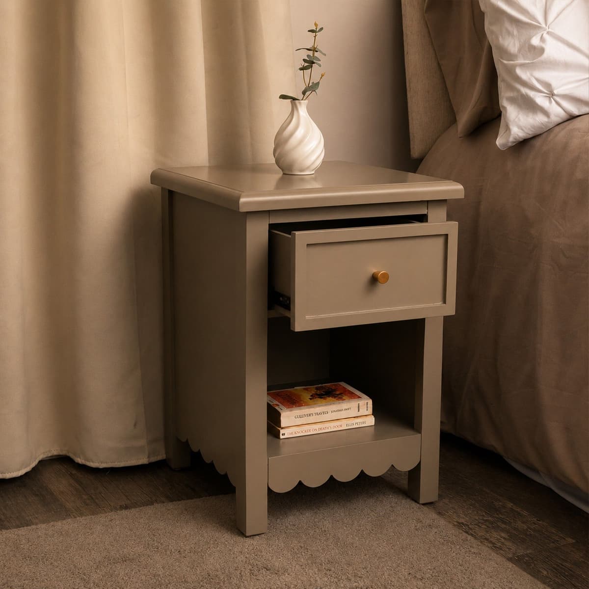 One Drawer Scalloped Bedside Table - Staunton Taupe Range Wood, Metal