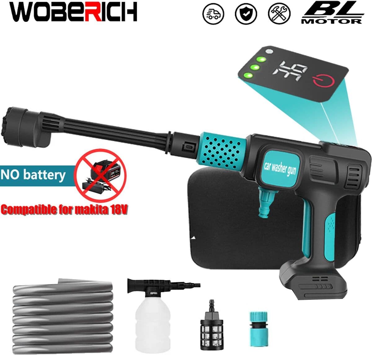 WOBERICH 280Bar 4Gears Brushless Electric High Pressure Washer Cordless Car Washing Gun Digital Display (No battery)for Makita 18V