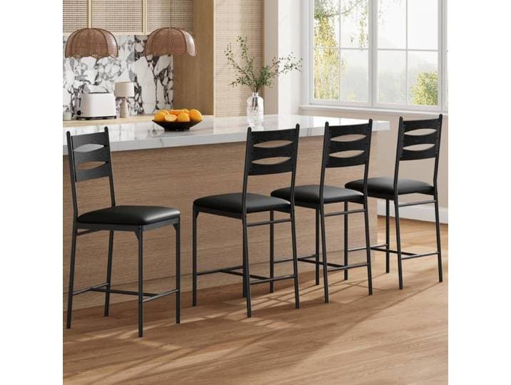 Tabouret de bar avec dossier en bois - LUNSY - Lot de 4 - 41x46 5x96 cm - Noir - Siège rembourré - Structure métallique